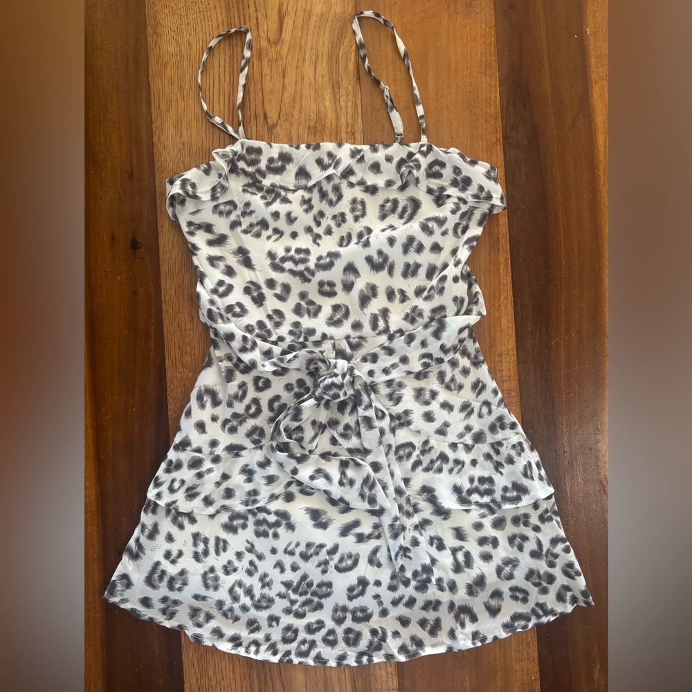Millibon Leopard Print Ruffle Mini Dress Black & White Small Tie Waist Lined